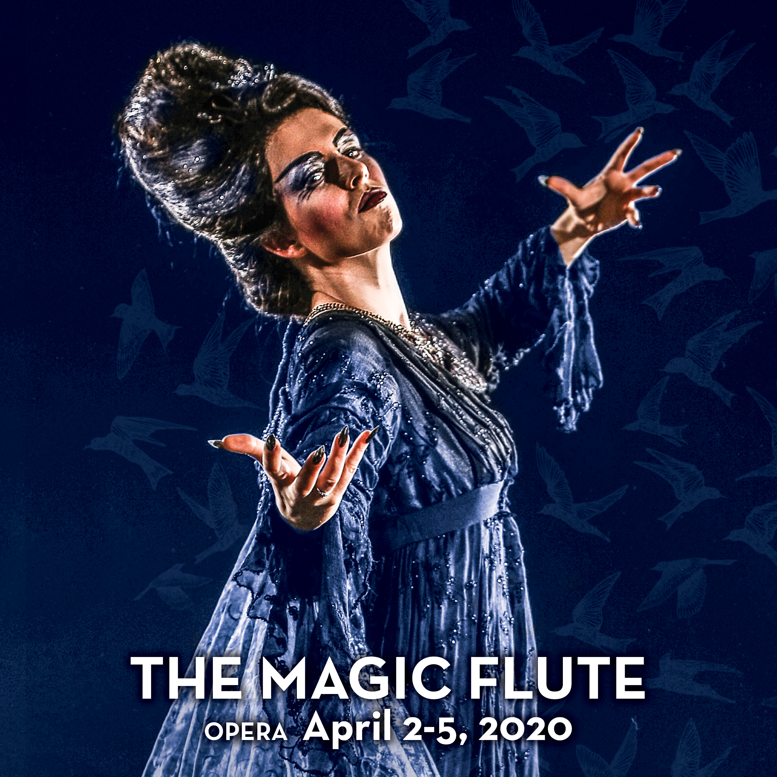 A woman poses dramatically as birds fly behind her in a promotional image for the opera 'The Magic Flute.' Photo by Mark Lyons.